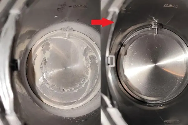 Wasserkocher-Boden: links mit Kalkkruste, rechts blank