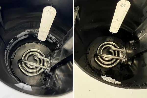 Wasserkocher mit Heizspirale: links mit weißen Kalkrändern, rechts sauber