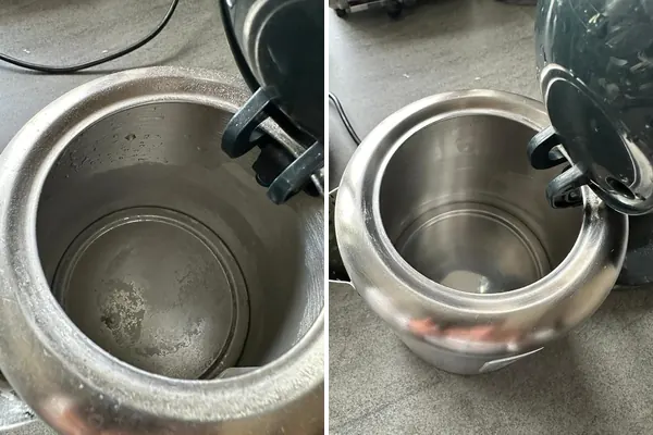Edelstahl-Wasserkocher: links mit weißen Kalkflecken am Boden, rechts sauber