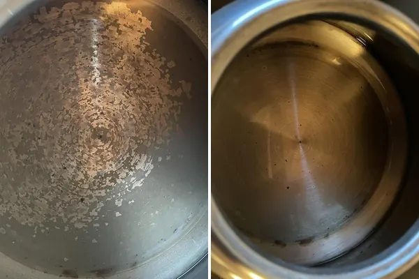 Edelstahl-Wasserkessel innen: links mit dichtem Kalkbelag, rechts blank